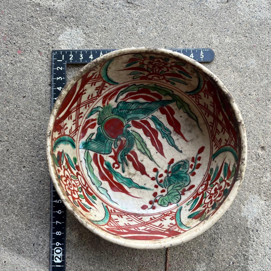 骨董　古犬山焼　赤絵　菓子器　赤玉　なます皿　江戸後期　金継ぎ