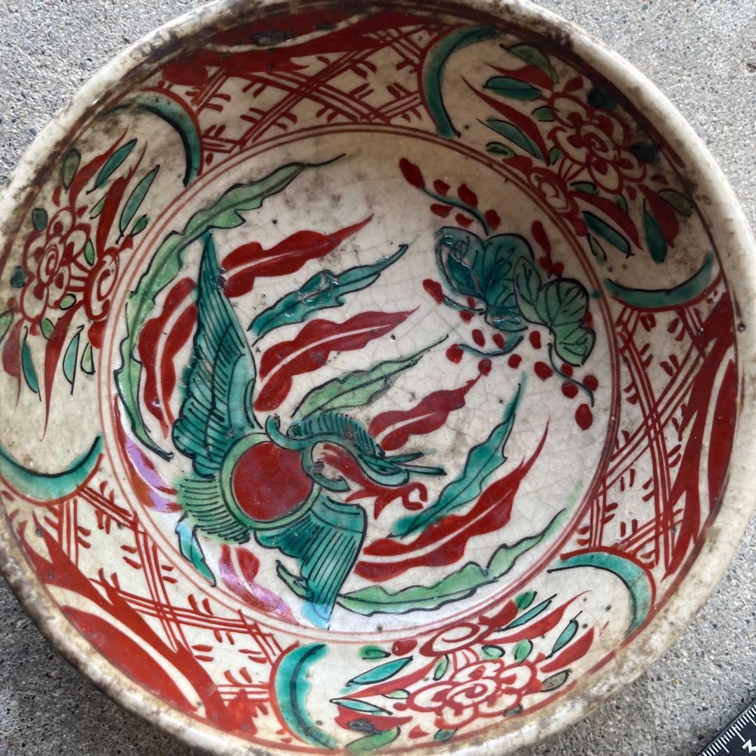 骨董　古犬山焼　赤絵　菓子器　赤玉　なます皿　江戸後期　金継ぎ