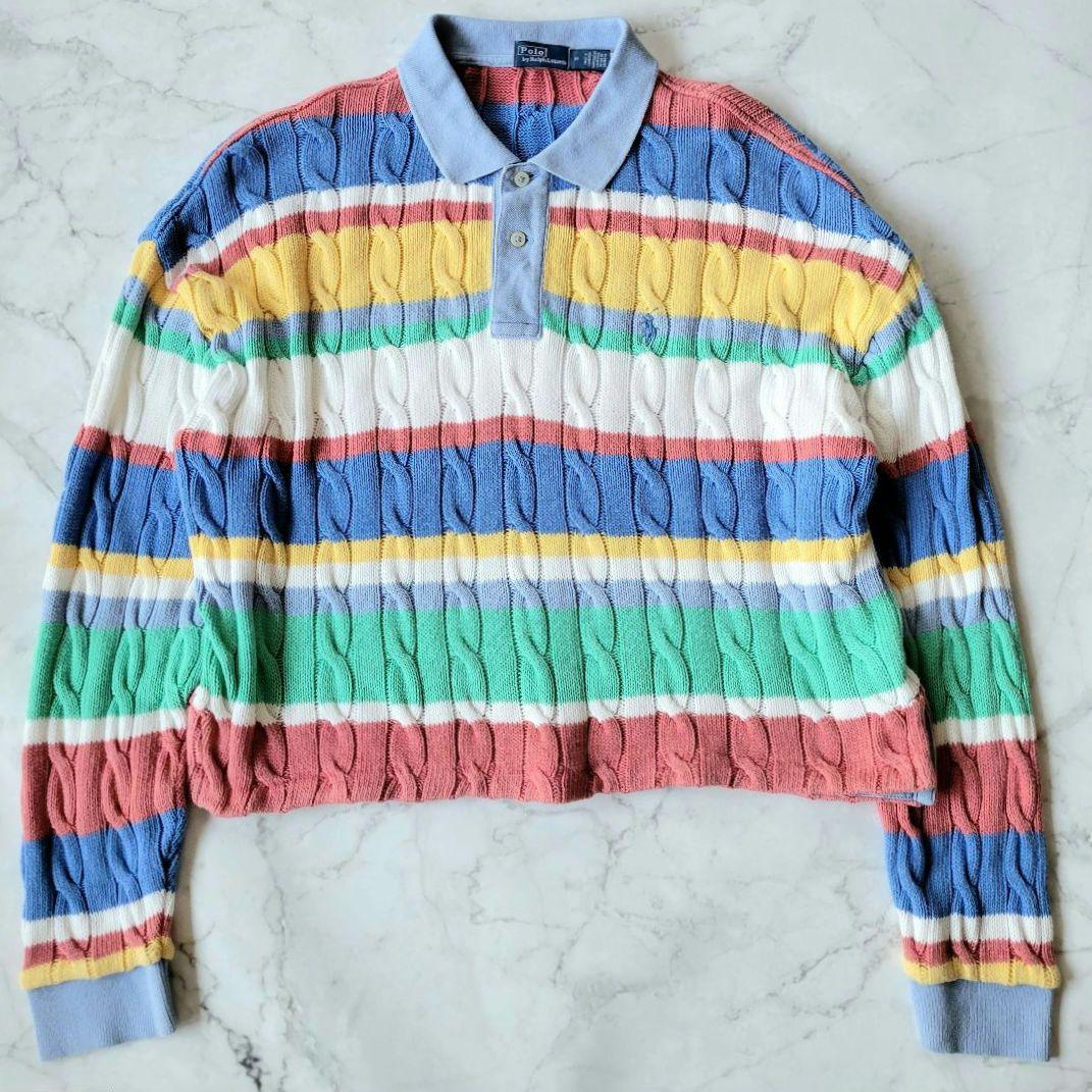 ポロ ラルフ ローレン ケーブルニット コットン ロングスリーブ ポロシャツ　M