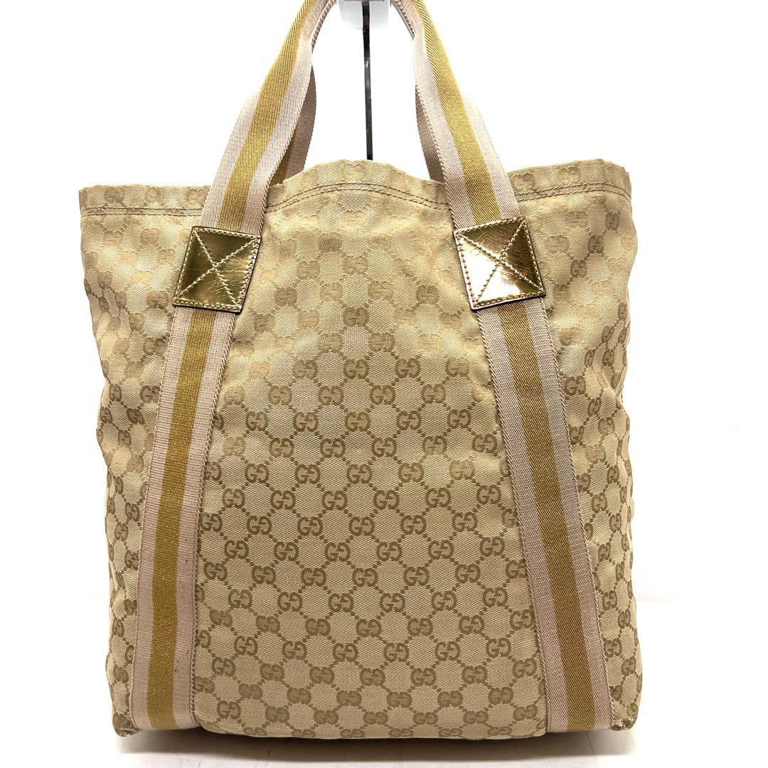 【美品】グッチ トートバッグ シェリーライン GG キャンバスレザー A4可