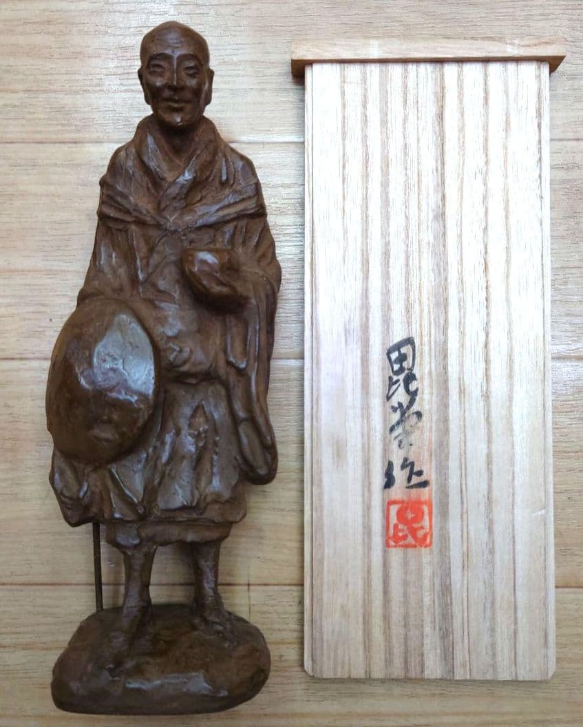 大値下げ◆良寛和尚【たくはつ良寛】滝川毘堂 作◆ネオブロンズ像◆共箱.栞.布付き