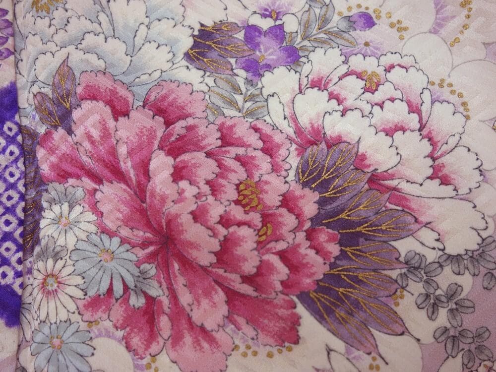 【SALE30%OFF】中古美品 振袖 花柄 菊 桜 藤 絞り 薄紫