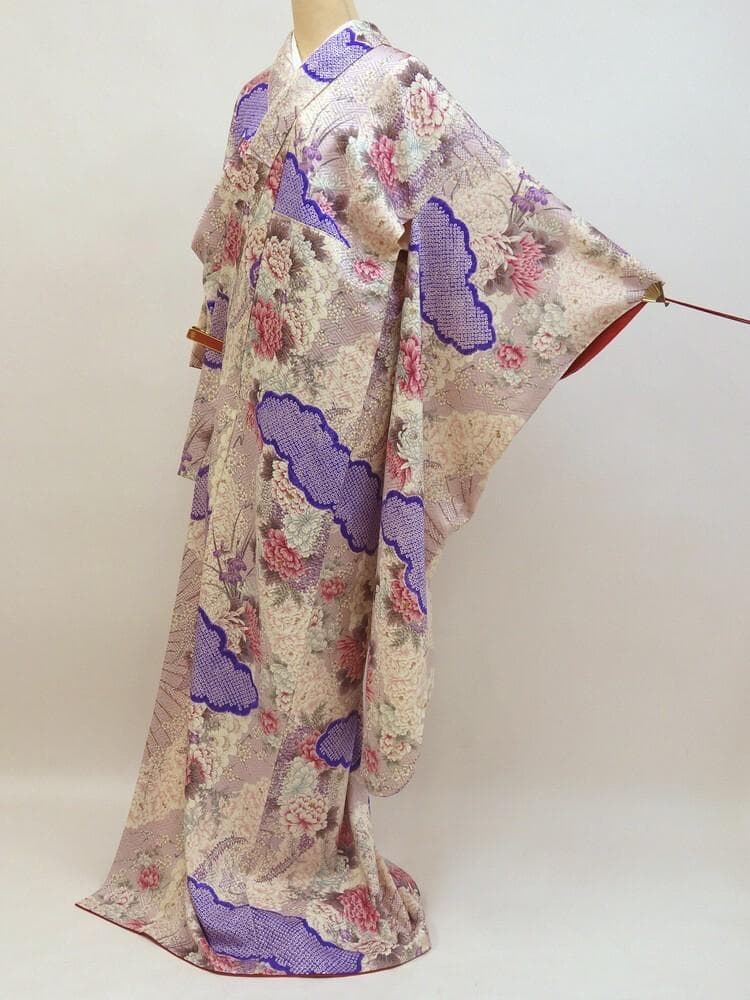 【SALE30%OFF】中古美品 振袖 花柄 菊 桜 藤 絞り 薄紫