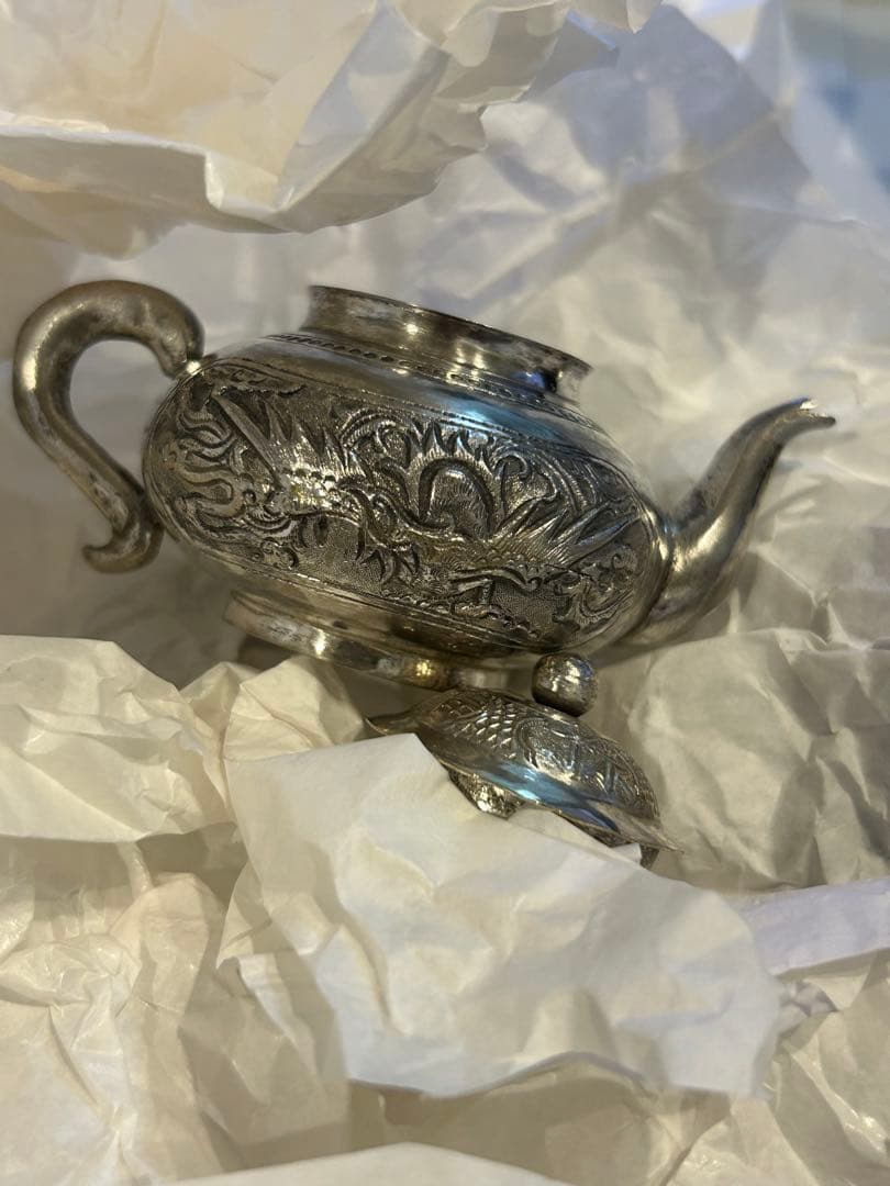 【極美品】香港 2003年購入 銀製 ミニチュア茶器セット（龍の彫刻・風水）
