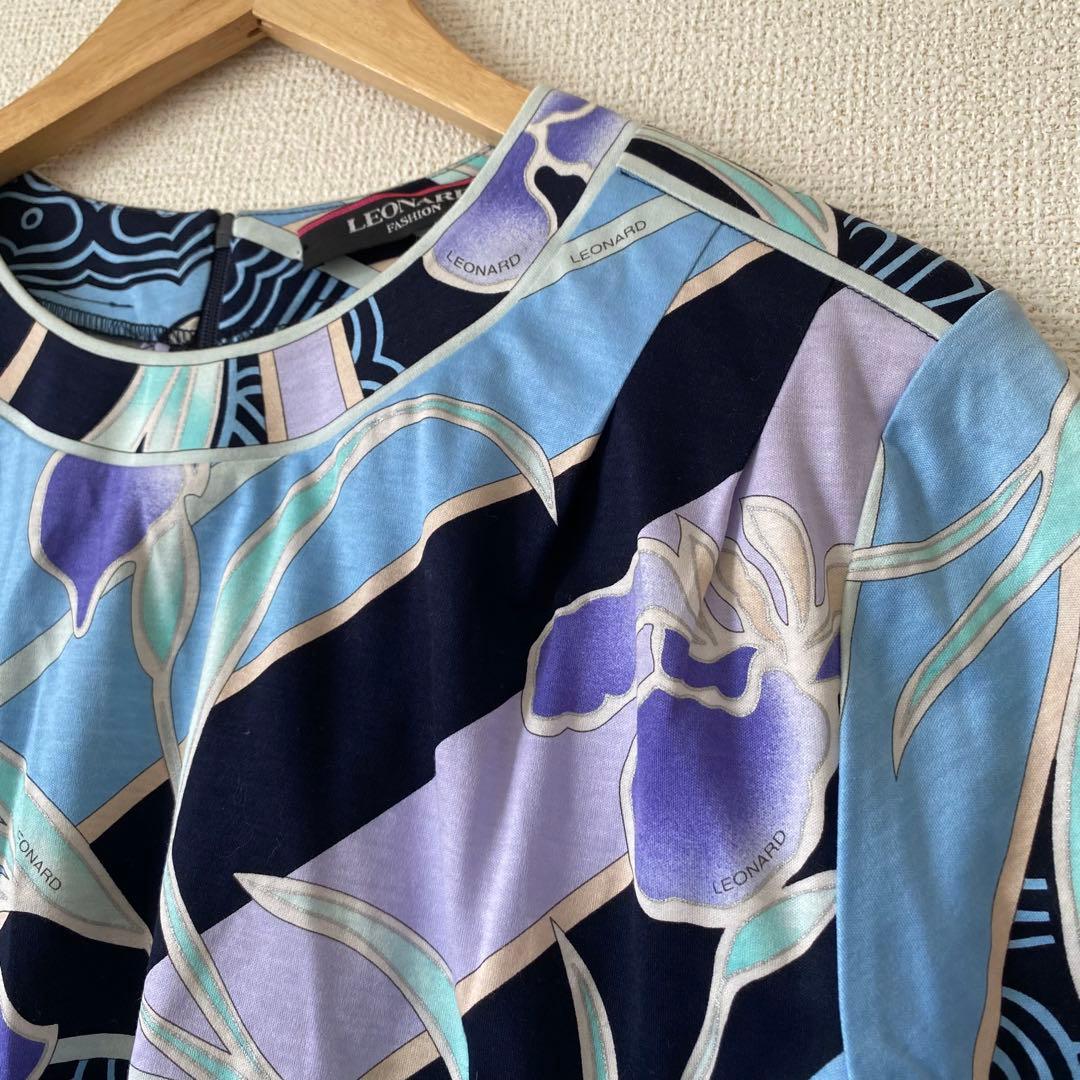 LEONARD レオナール 半袖カットソー ブルー系 菖蒲 綿100 サイズ42