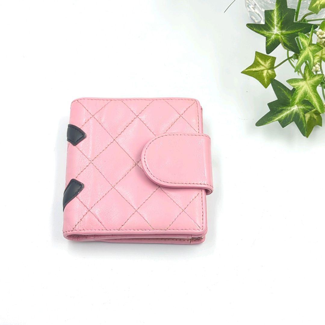 CHANEL　シャネル　キルティング　カンボンライン　ピンク　折り財布