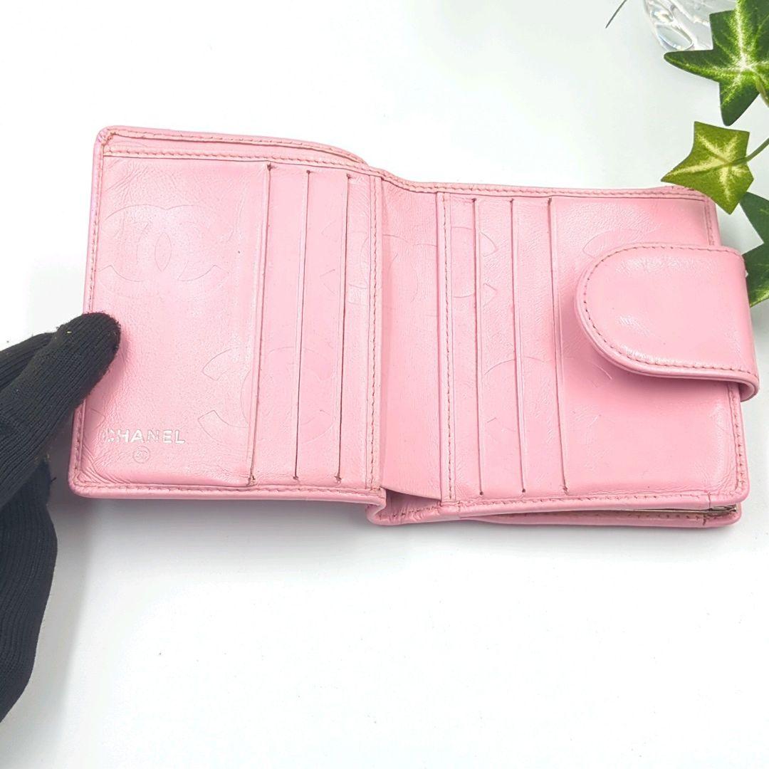 CHANEL　シャネル　キルティング　カンボンライン　ピンク　折り財布