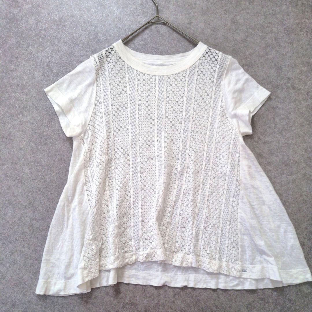 美品45R リネン100% レース 透かし編み プルオーバーカットソー Tシャツ