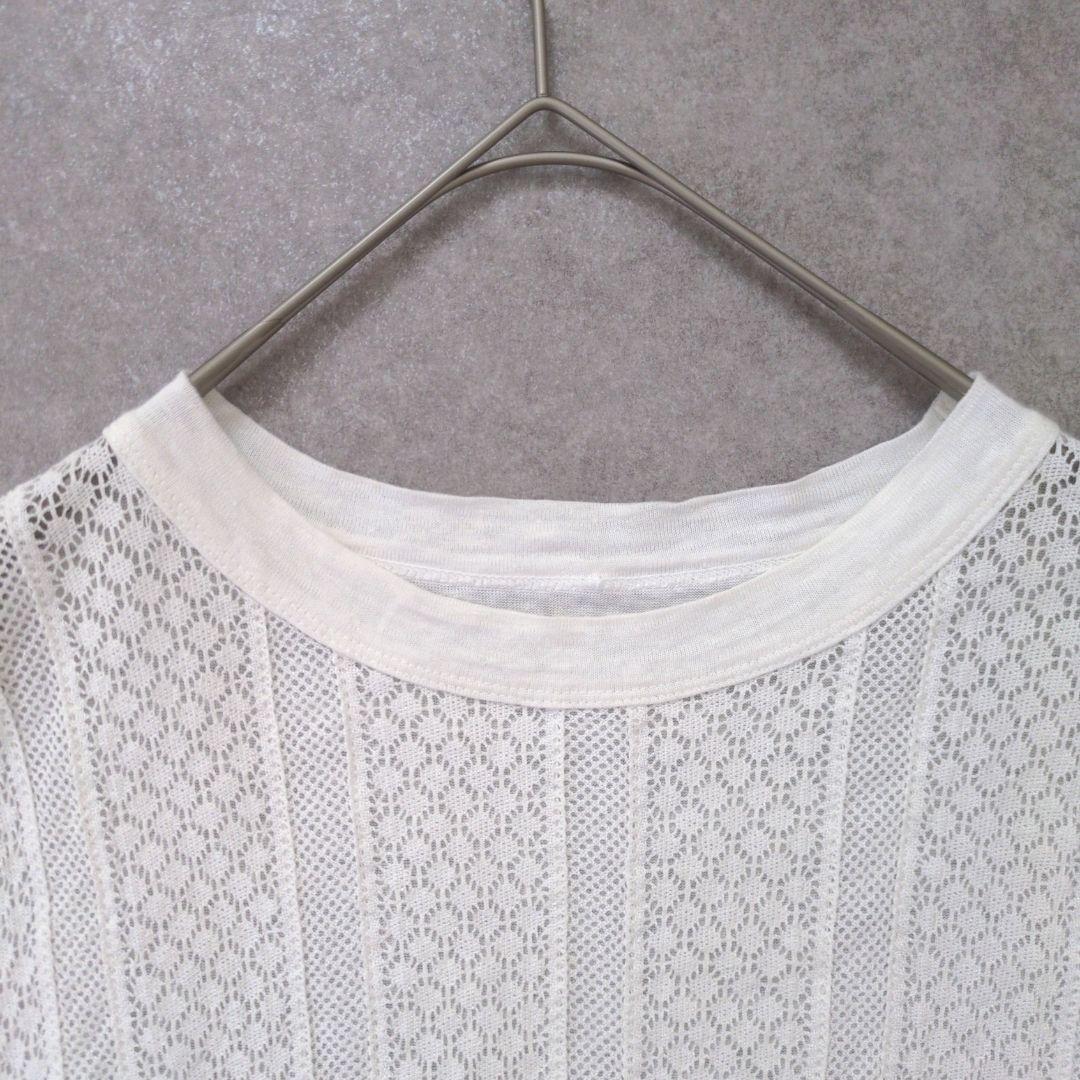 美品45R リネン100% レース 透かし編み プルオーバーカットソー Tシャツ
