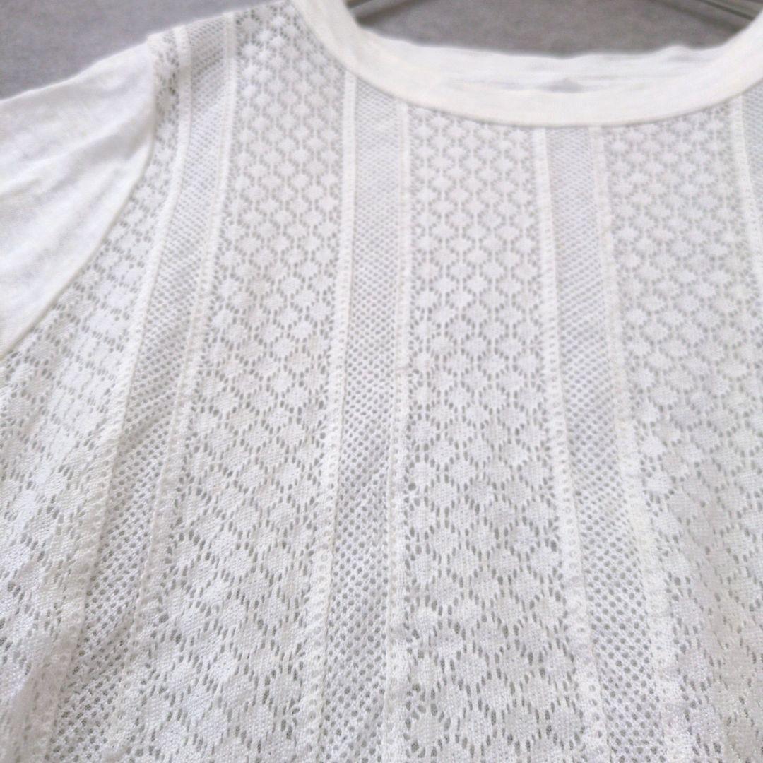 美品45R リネン100% レース 透かし編み プルオーバーカットソー Tシャツ