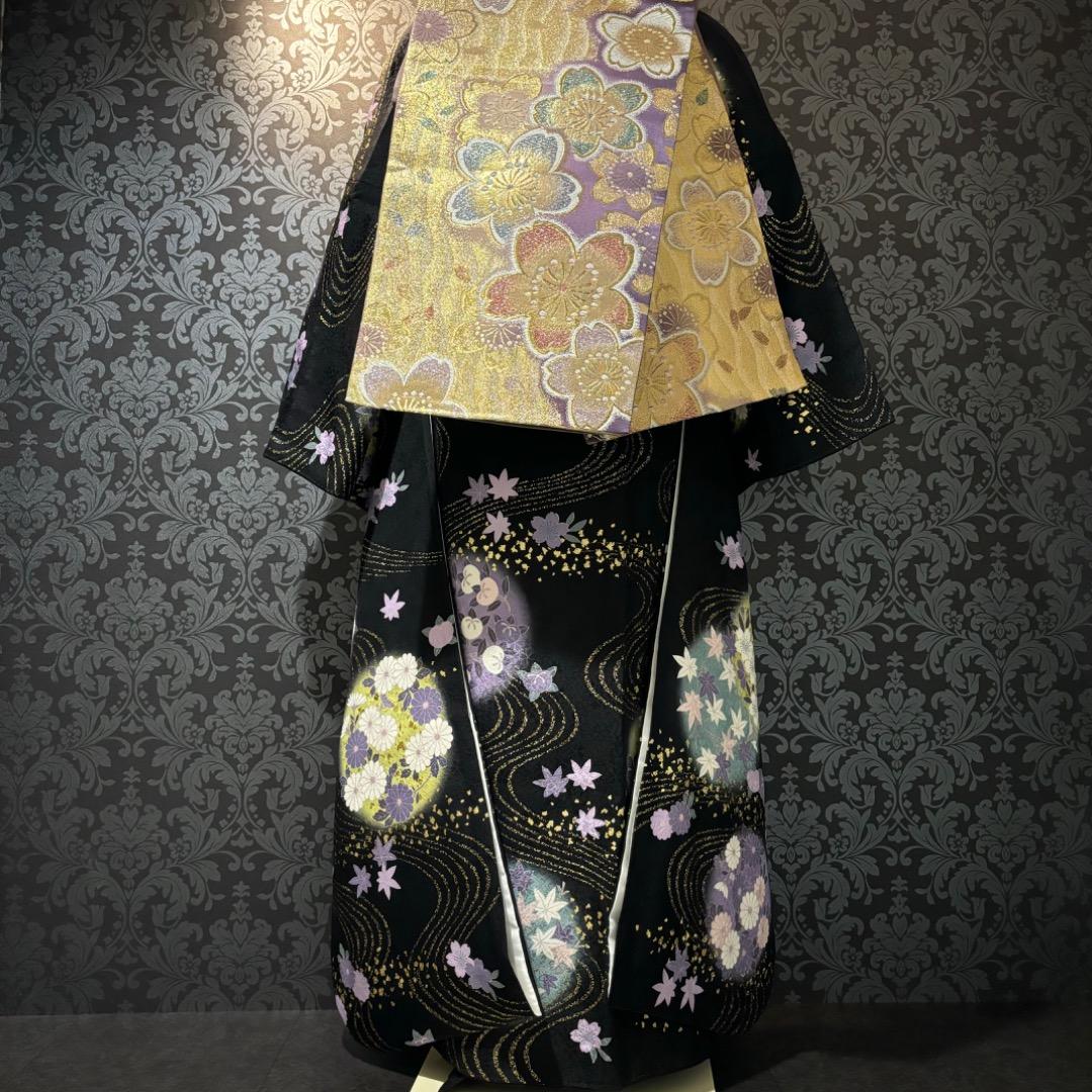 美品　黒　地紋　金駒刺繍　金彩　逸品　振袖　フルセット 振袖