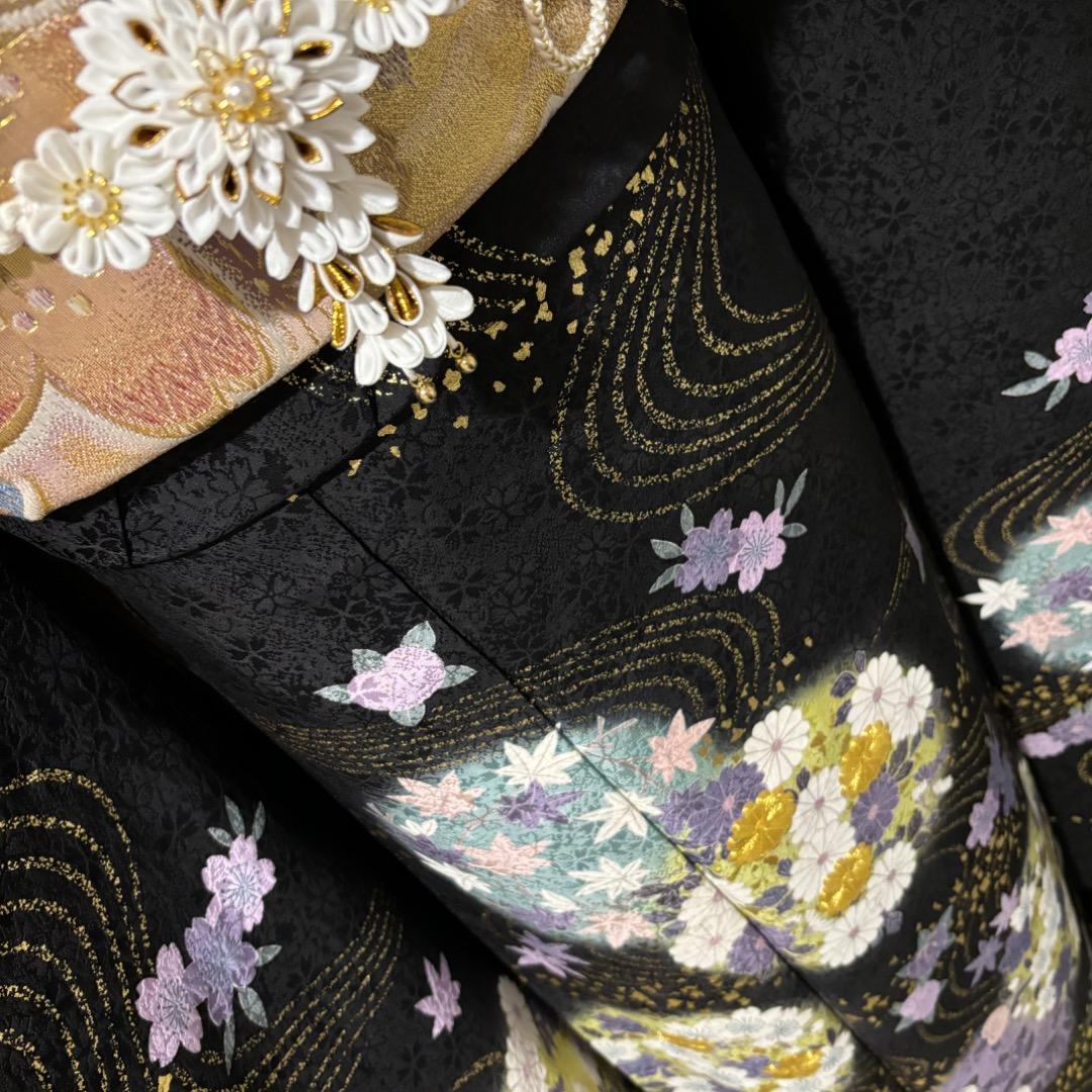 美品　黒　地紋　金駒刺繍　金彩　逸品　振袖　フルセット 振袖