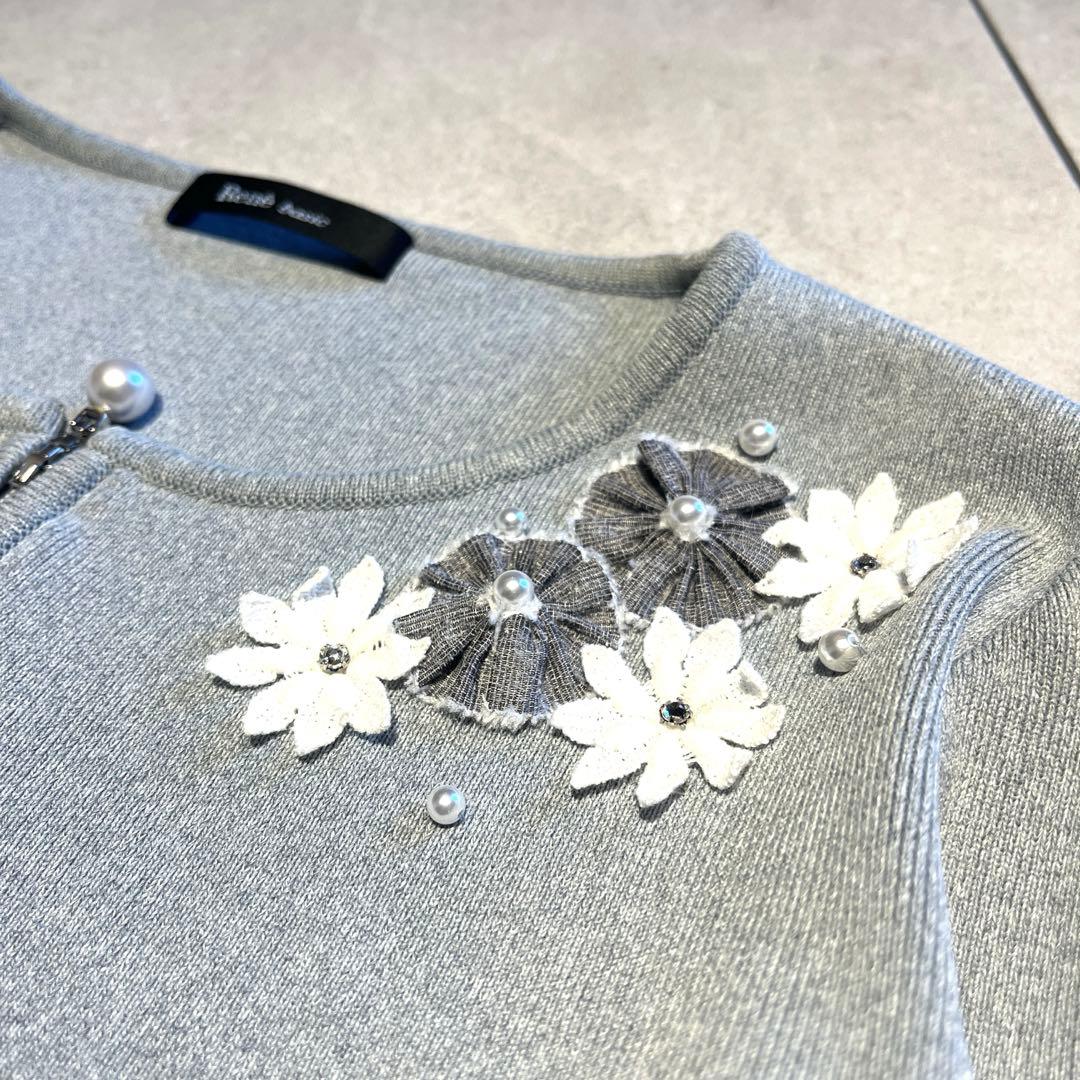 Rene★フラワーパールビジューデザイン　ダブルジップカーディガン