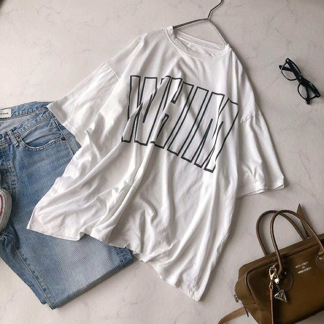 Whim Gazette リラックスロゴTシャツ オーバーサイズ ホワイト
