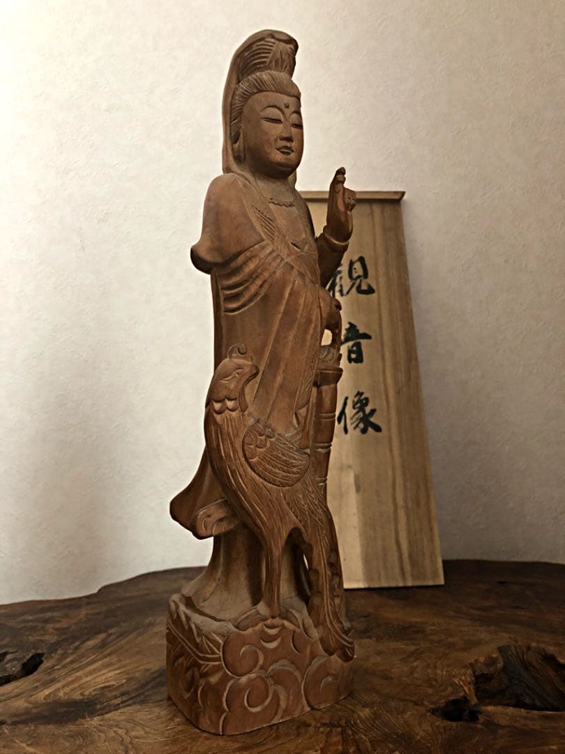 中国美術 細密木彫 観音像 雉 彫り 仏像 共箱