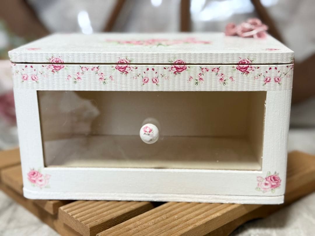 サイドテーブル※木製引き出しBOX※ミニチュア※樹脂粘土※掛け時計※デコパージュ