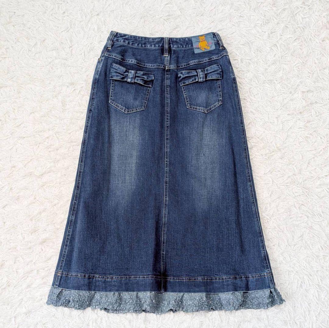 ピンクハウス ロングデニムスカート 裾レース風 バックポケットリボン Ｍ 春夏秋
