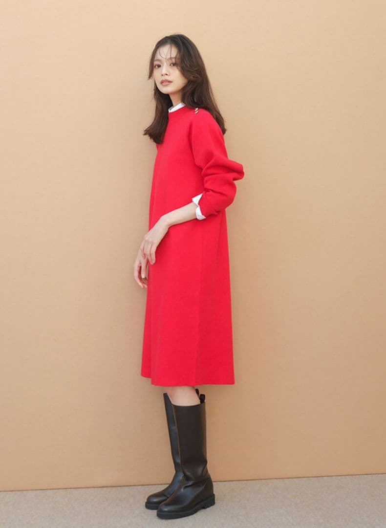 【新品未使用】LOUNI レッド ひざ丈ワンピース Fサイズ
