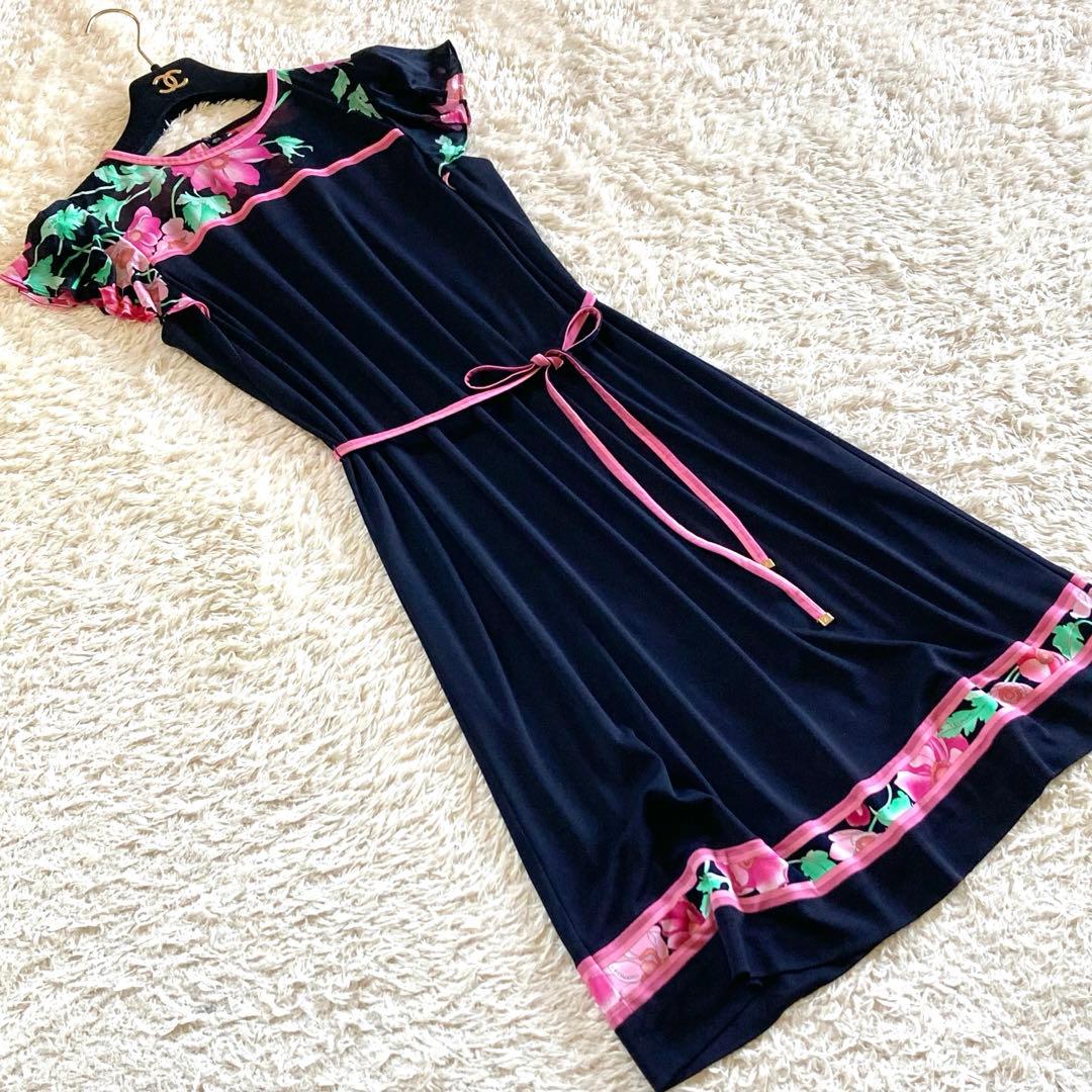 【極美品 現行タグ】レオナール カンカン シアー切替ワンピース フラワートリム