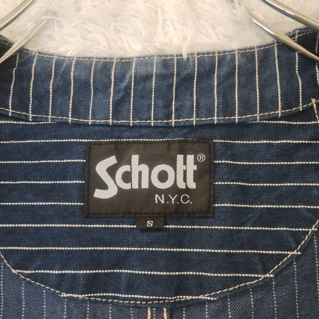 希少☆美品☆Schott　デニムベスト　ヒッコリー　ストライプ　Ｓ　青　ブルー