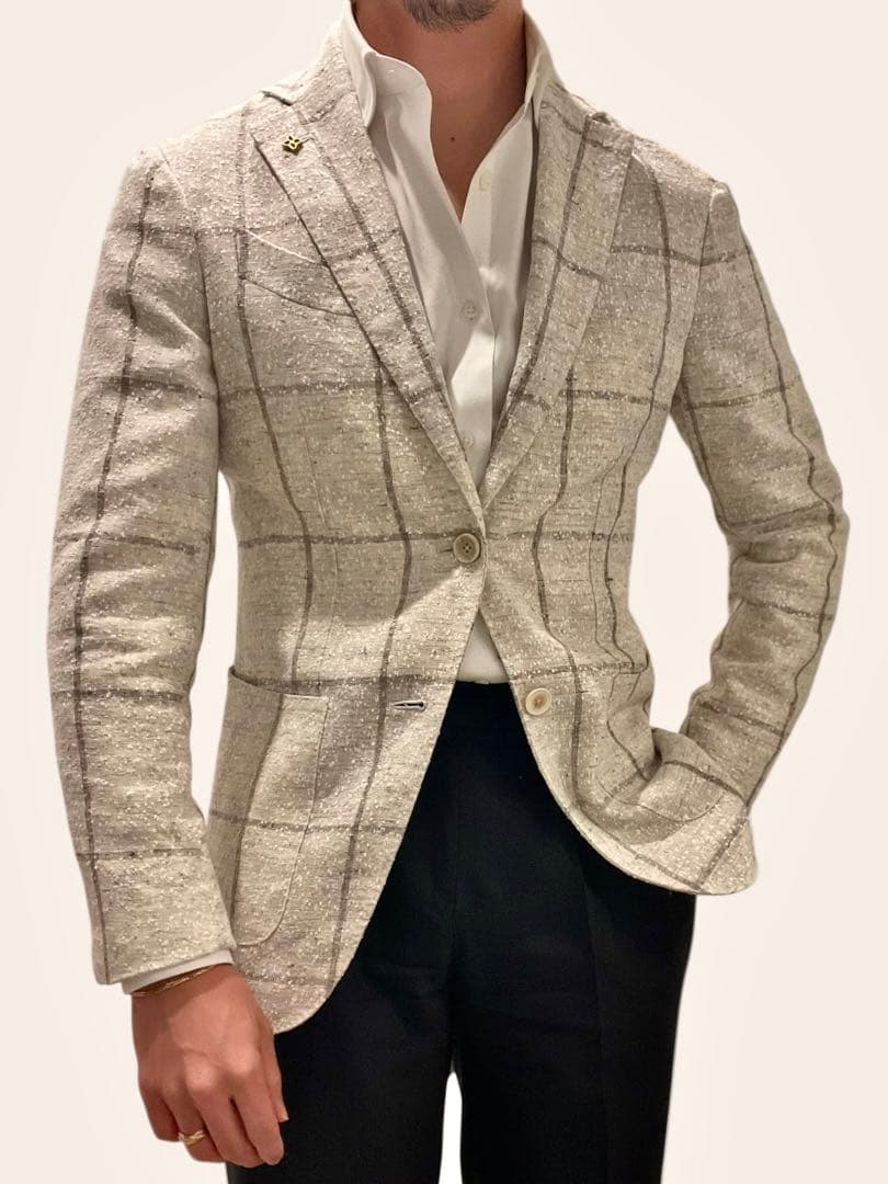 エルネスト⭐️42⭐️春夏ジャケット⭐️リネンチェック⭐️アイボリーグレー定価15万