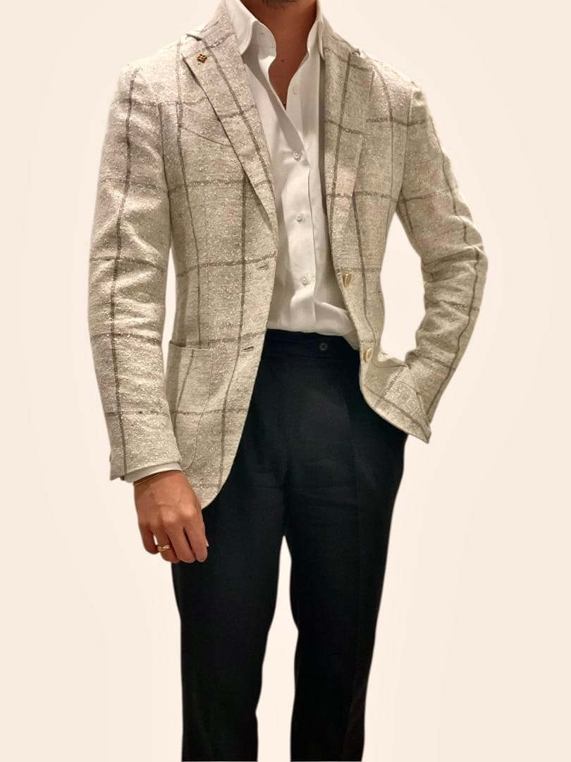 エルネスト⭐️42⭐️春夏ジャケット⭐️リネンチェック⭐️アイボリーグレー定価15万