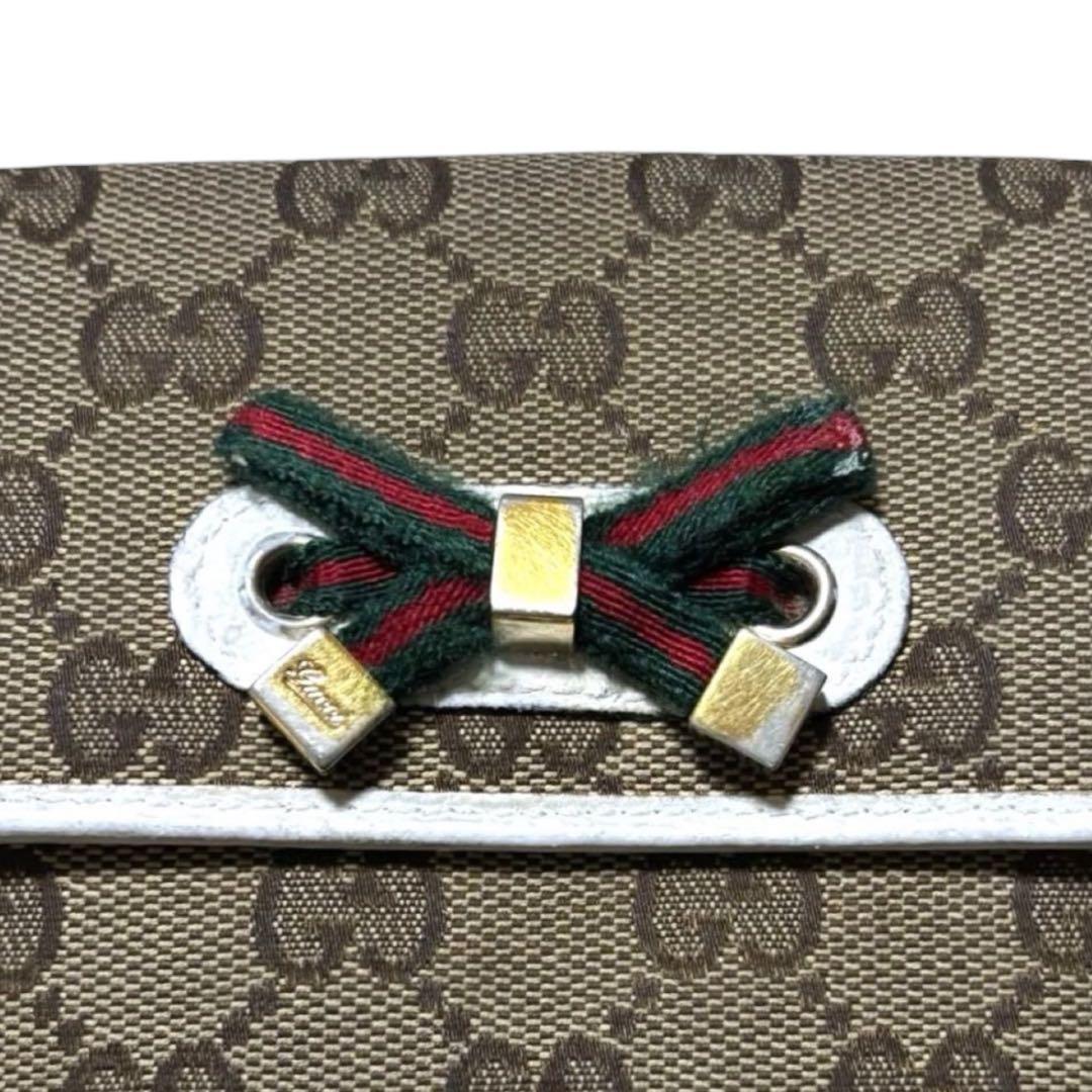 グッチ　折り財布　GGキャンバス　ベージュ　プリンシー　リボン　シェリーライン