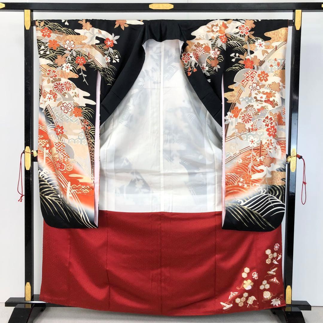 振袖 橋 扇子 花模様 金駒刺繍 金彩 黒色 KK-2077