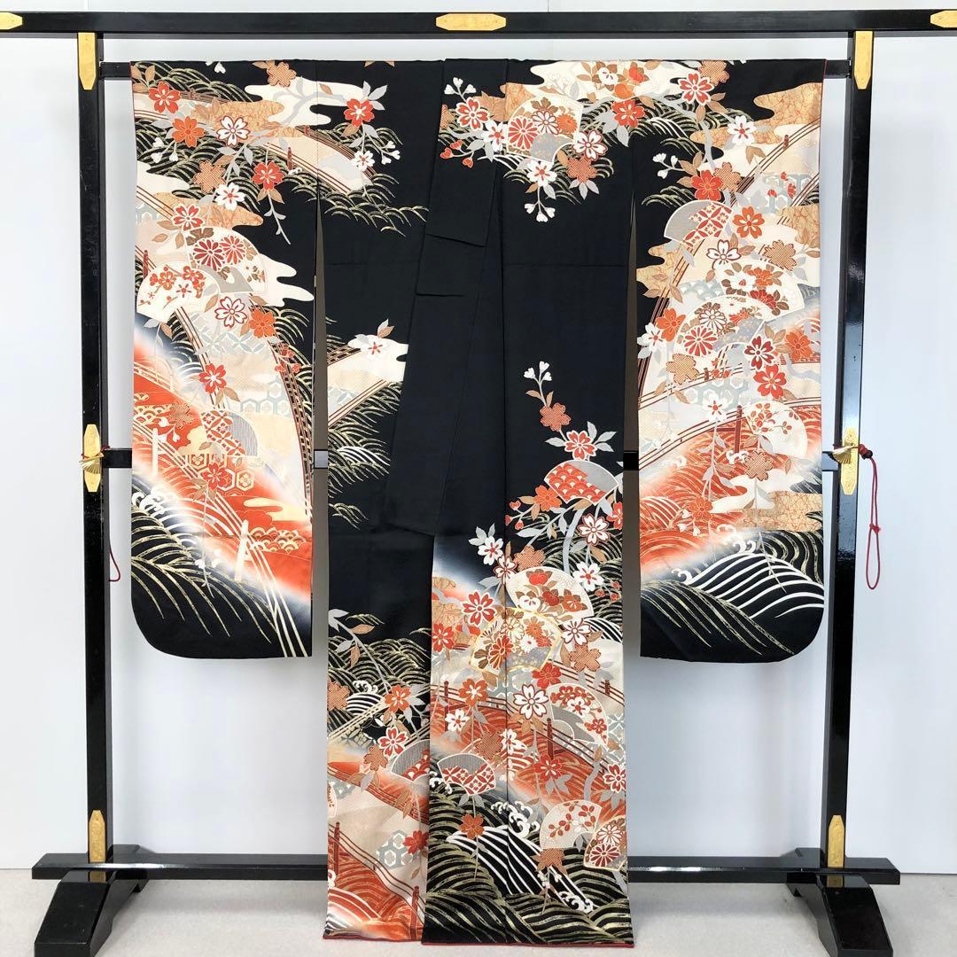 振袖 橋 扇子 花模様 金駒刺繍 金彩 黒色 KK-2077