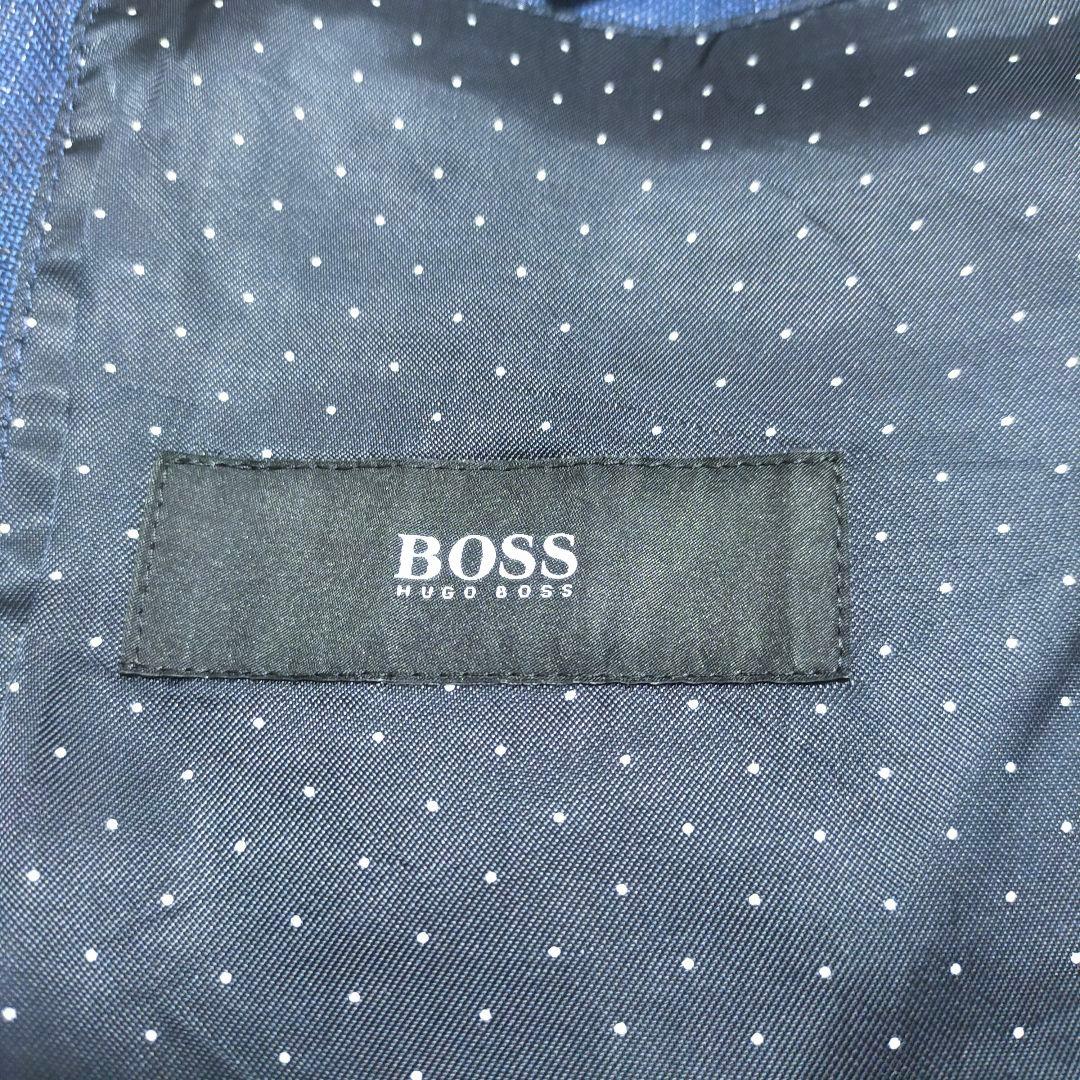 【美品】ヒューゴボス・ジャケット・ポケットチーフ付・ネイビーチェック・2XL~