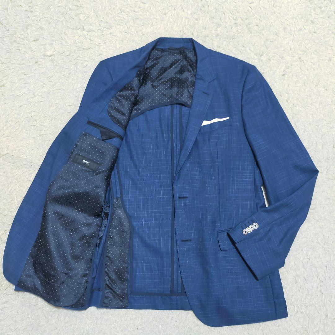 【美品】ヒューゴボス・ジャケット・ポケットチーフ付・ネイビーチェック・2XL~