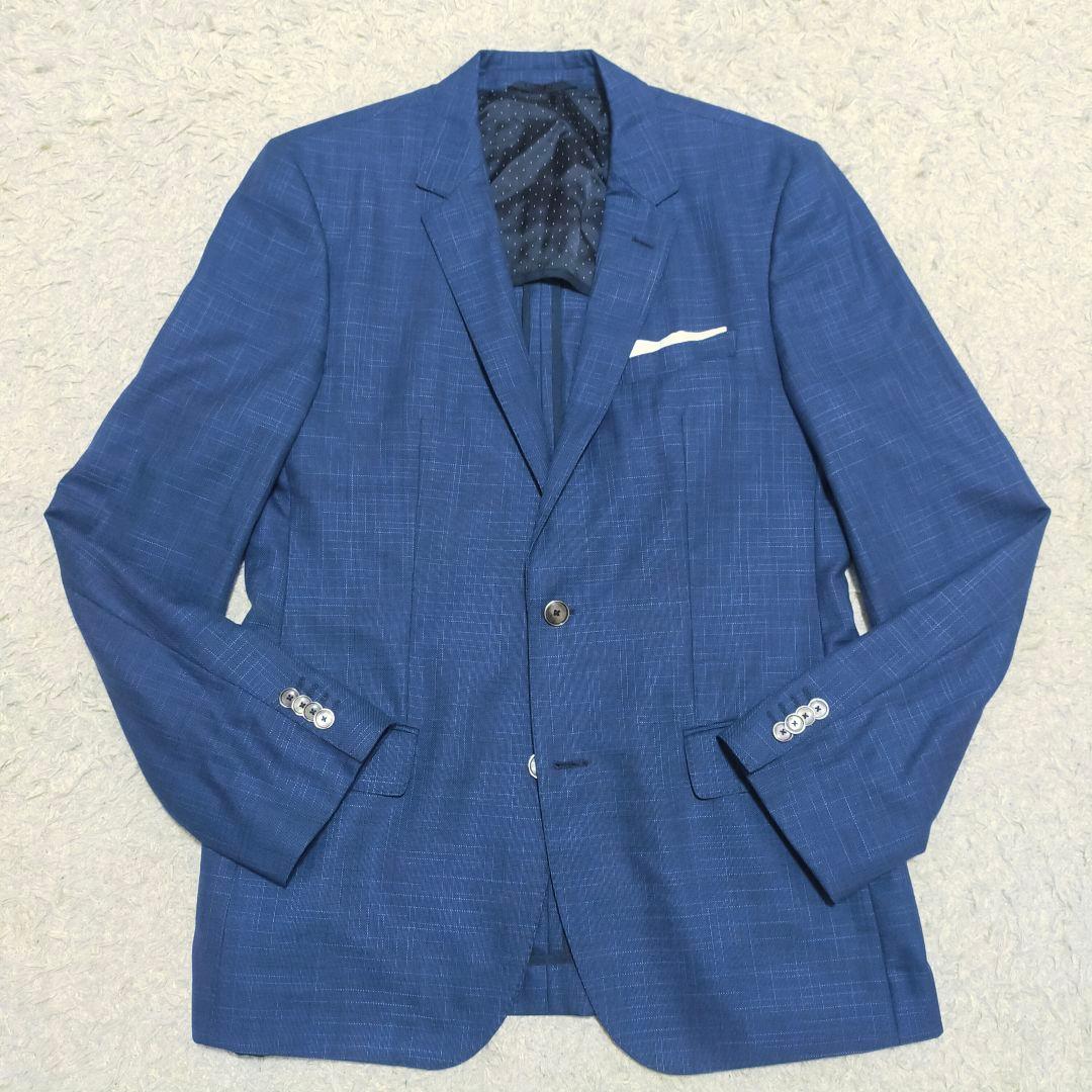 【美品】ヒューゴボス・ジャケット・ポケットチーフ付・ネイビーチェック・2XL~