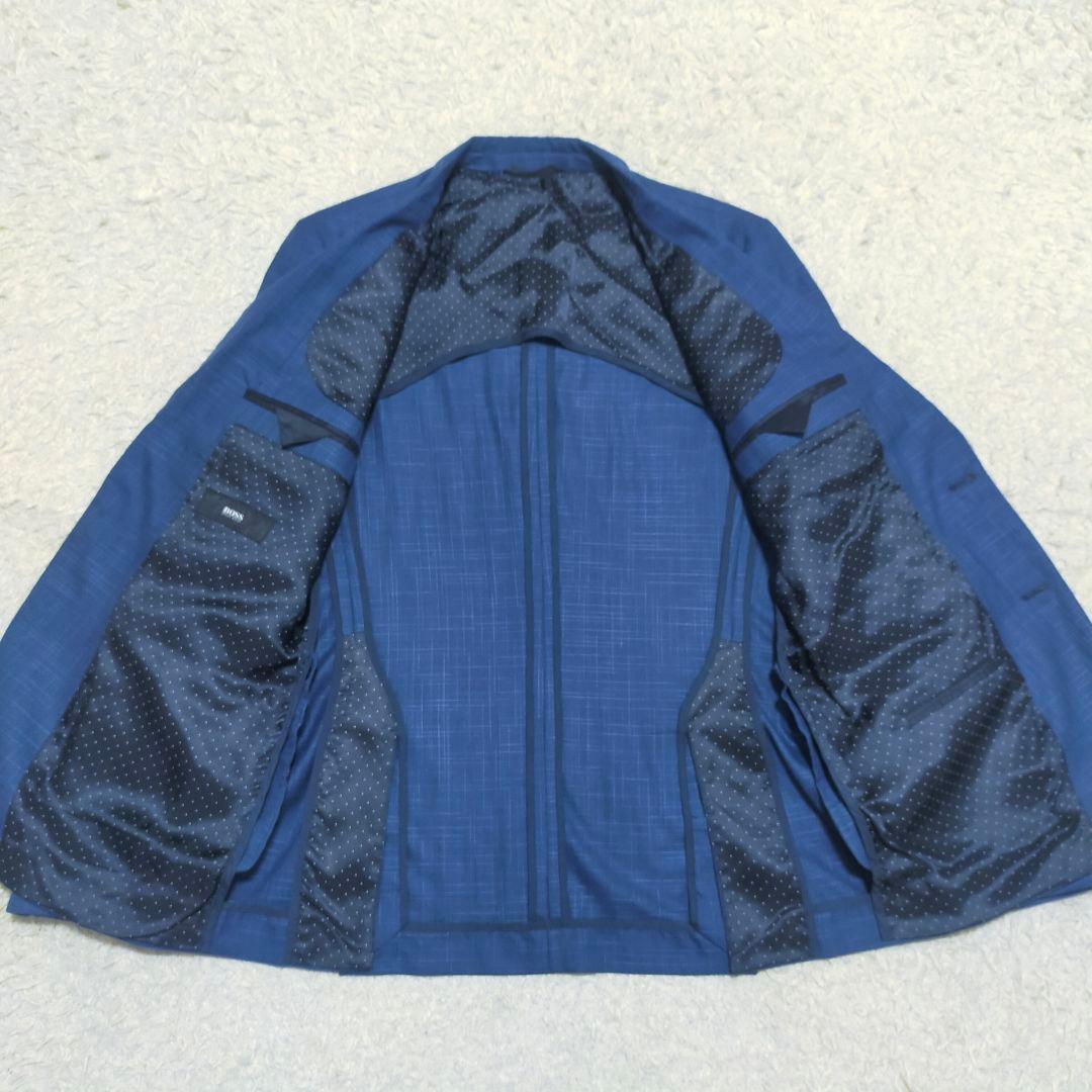 【美品】ヒューゴボス・ジャケット・ポケットチーフ付・ネイビーチェック・2XL~
