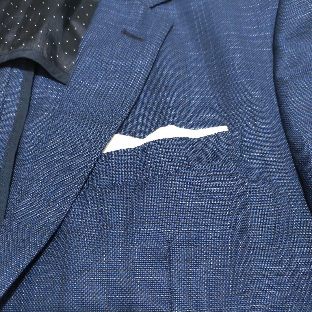 【美品】ヒューゴボス・ジャケット・ポケットチーフ付・ネイビーチェック・2XL~