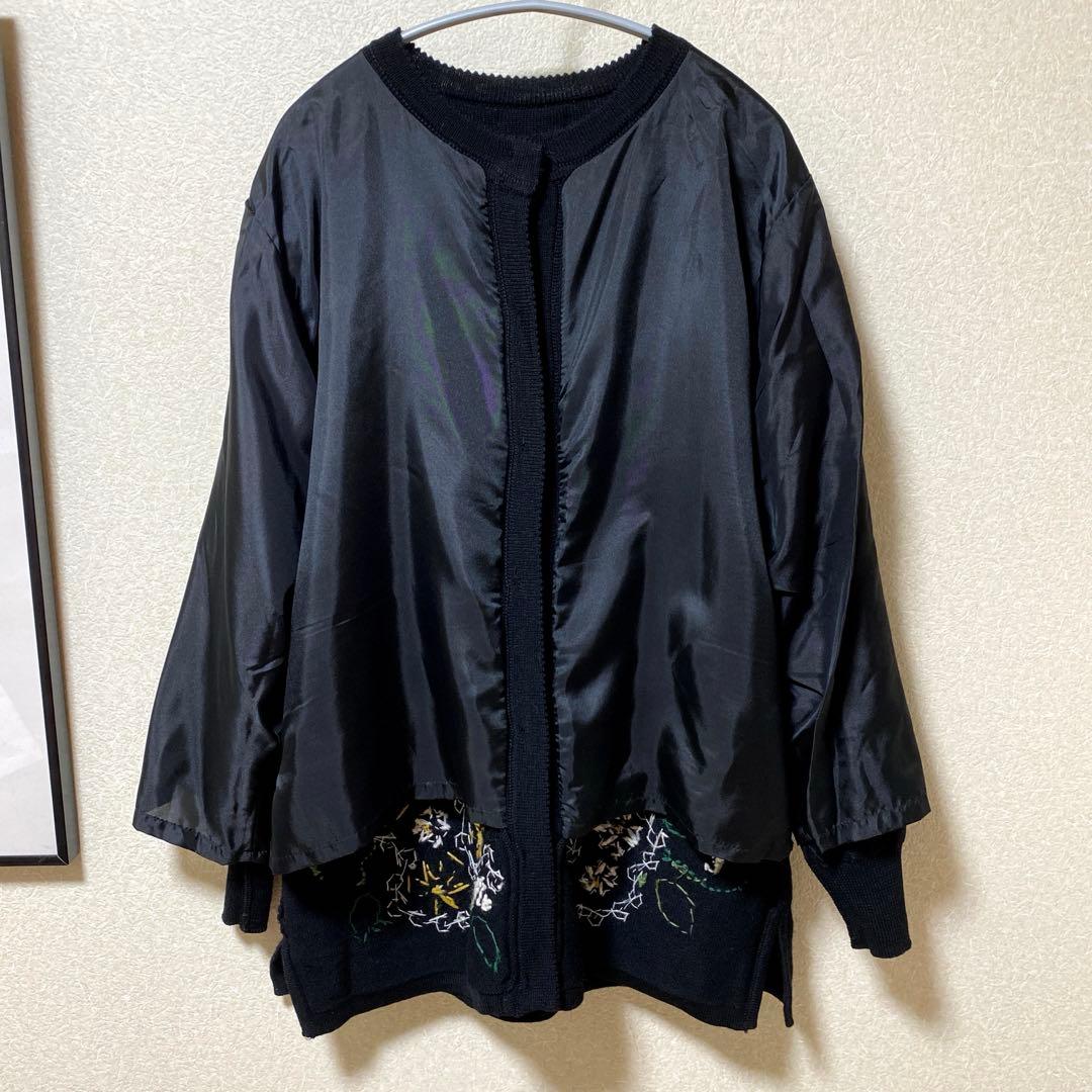 ロングニットカーディガン立体フラワー刺繍ビーズ付きブラック大きいサイズLL〜3L