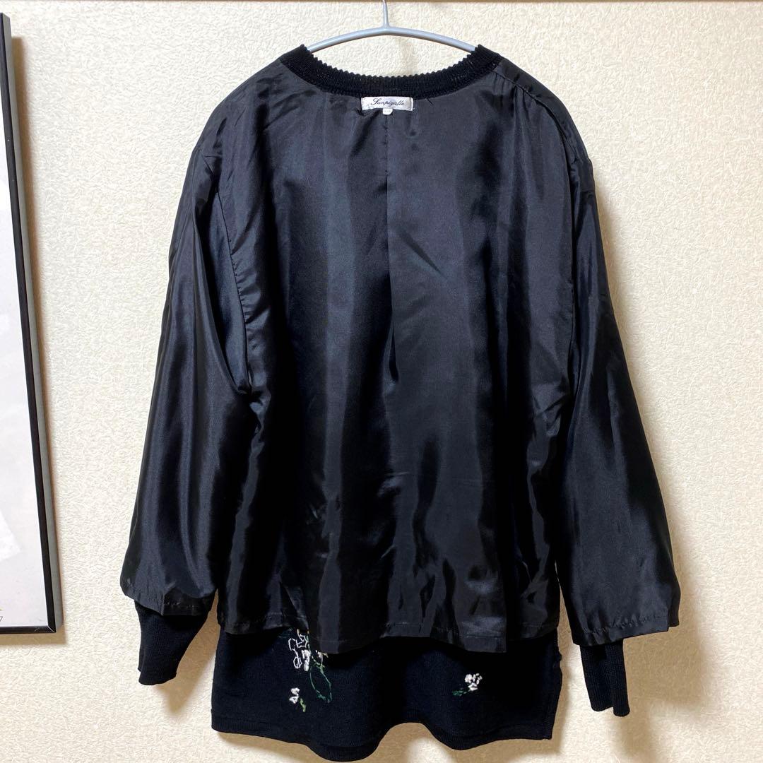 ロングニットカーディガン立体フラワー刺繍ビーズ付きブラック大きいサイズLL〜3L
