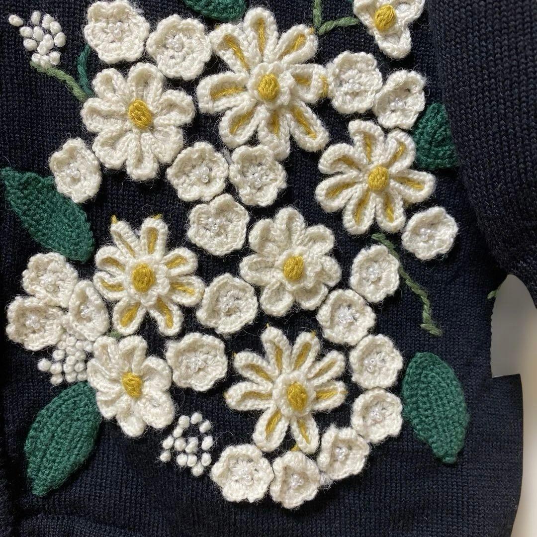 ロングニットカーディガン立体フラワー刺繍ビーズ付きブラック大きいサイズLL〜3L