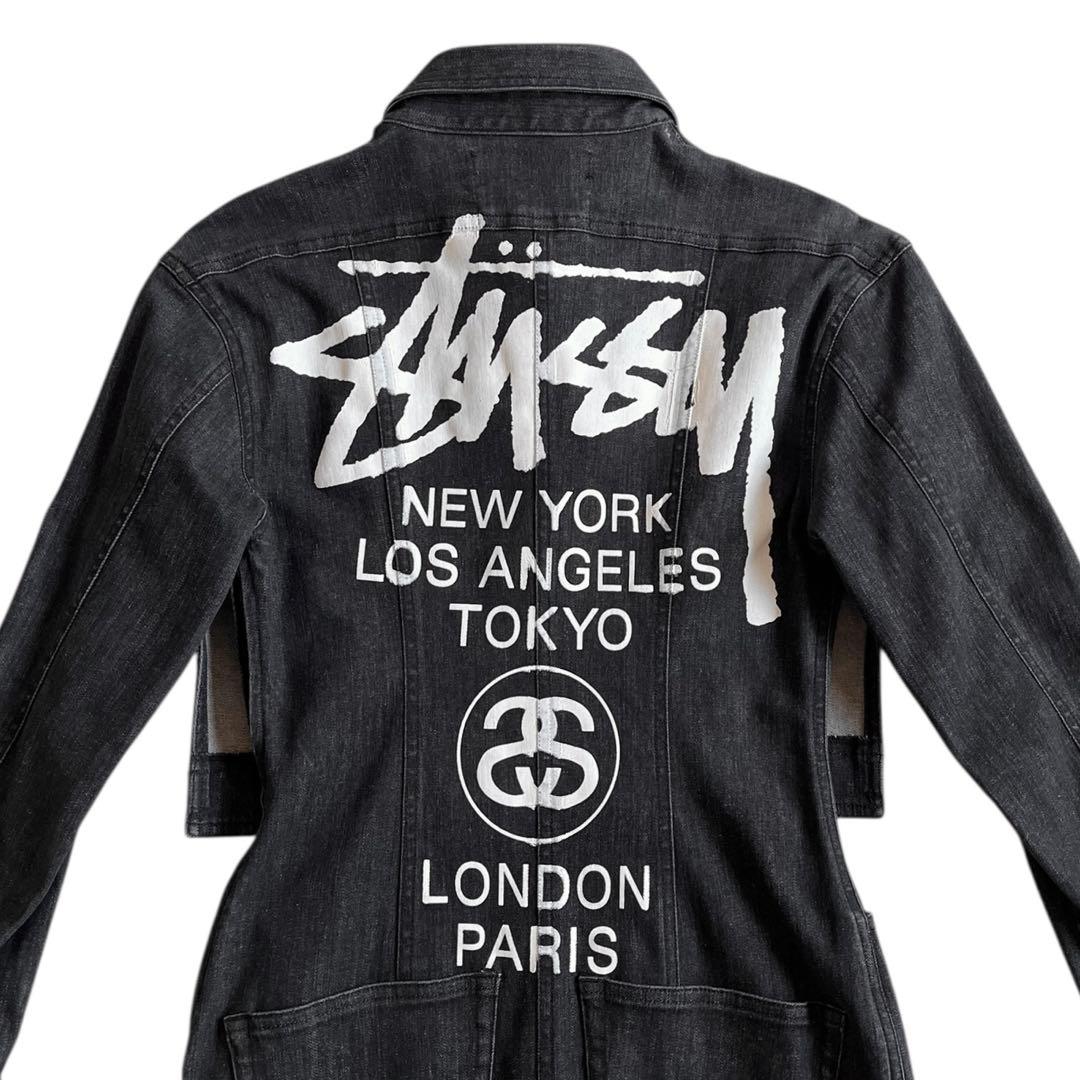 STUSSY ワールドツアー デニムワンピース S ブラック ストレッチ ロゴ