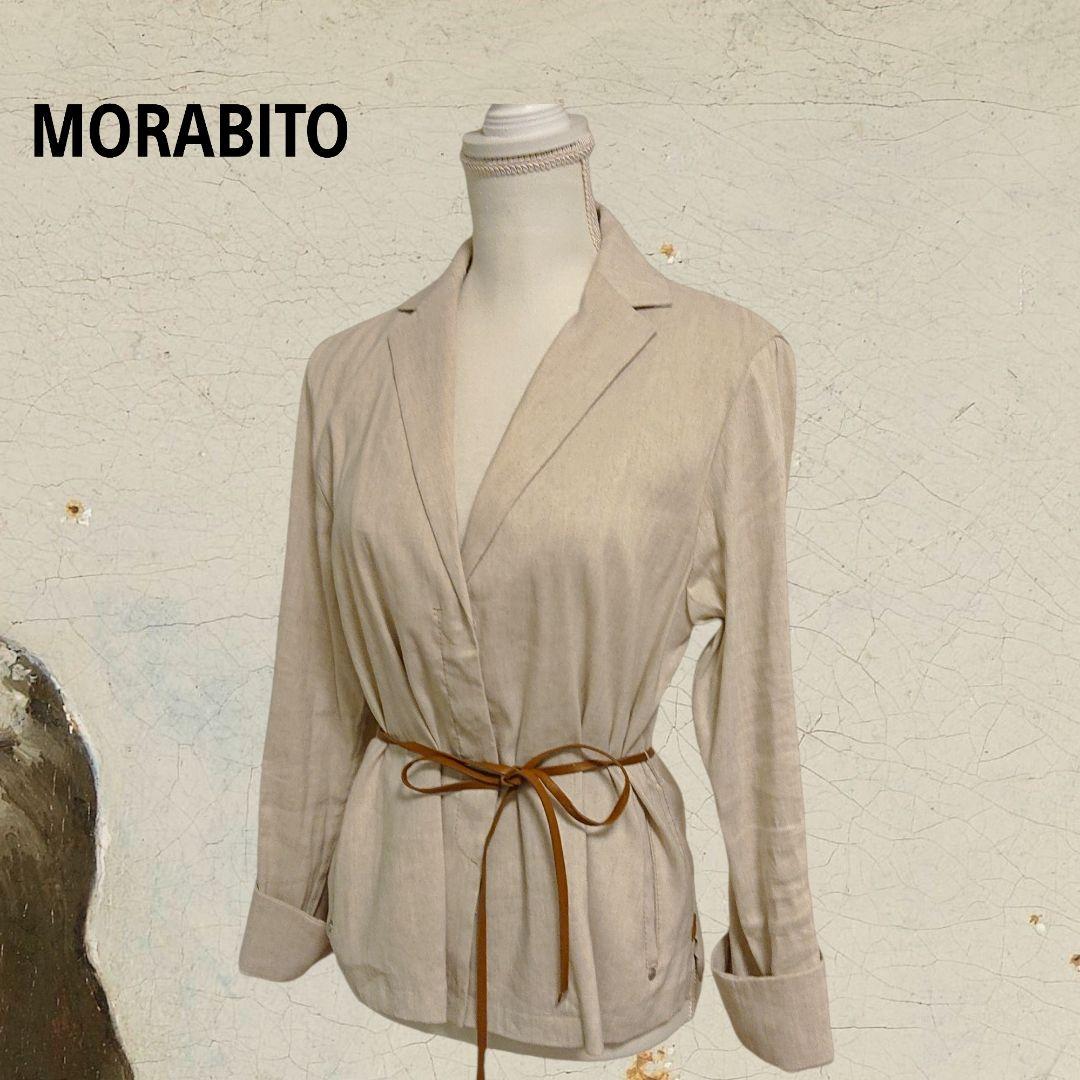 美品 MORABITO 麻混 テーラードジャケット レザーロゴ サイドスリット