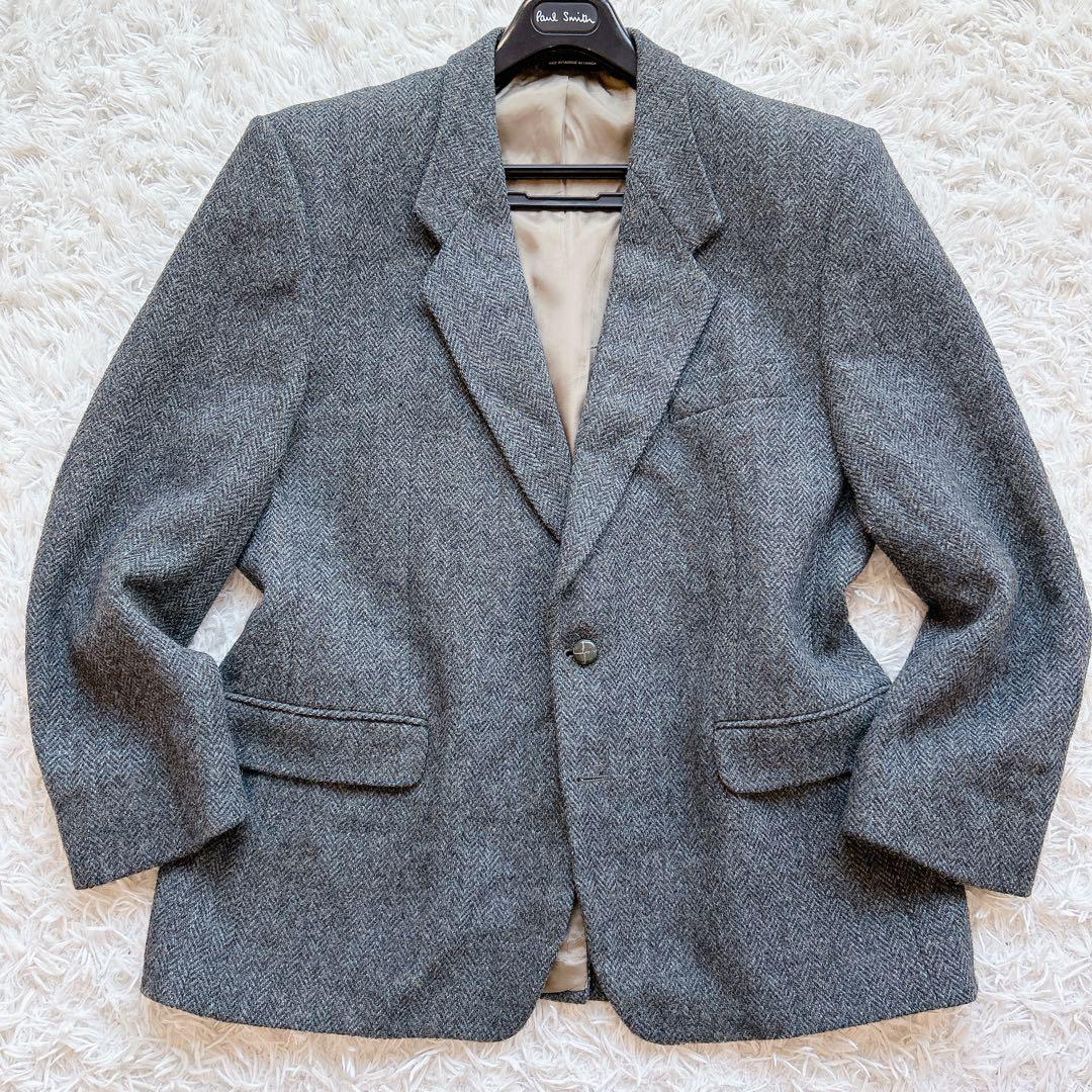 美品 ハリスツイード テーラードジャケット ヘリンボーン くるみボタン 英国製