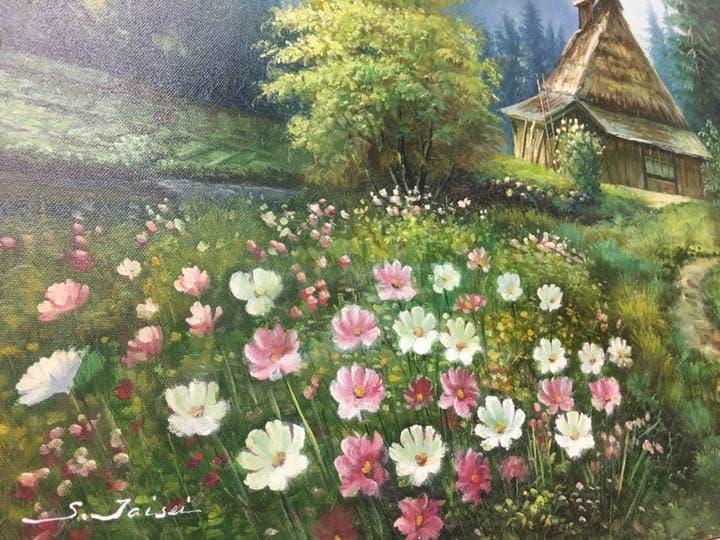 油絵手描き作品、直筆画　油彩　コスモス