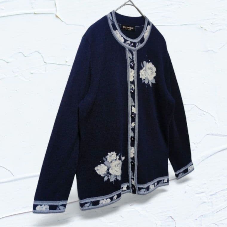 ❤美品❤最高級カシミヤ100%ベルフォーレ花柄カーディガン 濃紺ラインストーンF
