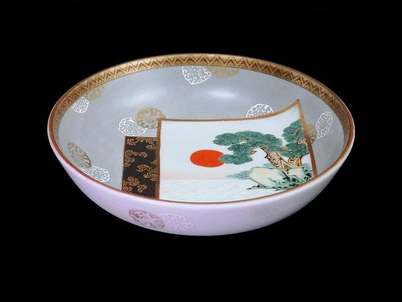 九谷　金襴手　 重ね平角　青海波　松に朝日の図　膾皿　F187AS-CZz