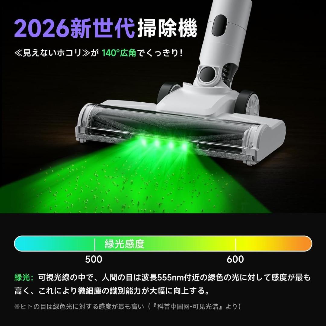 掃除機 コードレス 75kPa強力吸引　55分連続稼働 自立式　グリーンLED
