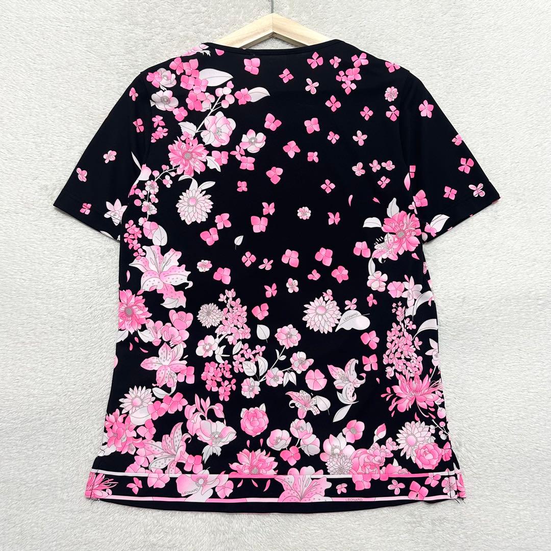 美品 LEONARD トリム 花柄 プリント 半袖 Tシャツ 38 ブラック