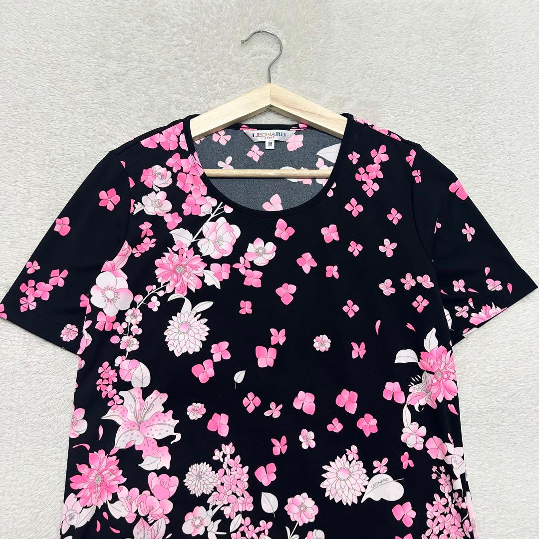 美品 LEONARD トリム 花柄 プリント 半袖 Tシャツ 38 ブラック