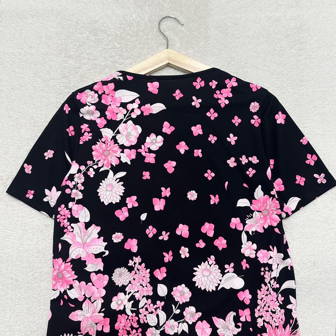 美品 LEONARD トリム 花柄 プリント 半袖 Tシャツ 38 ブラック