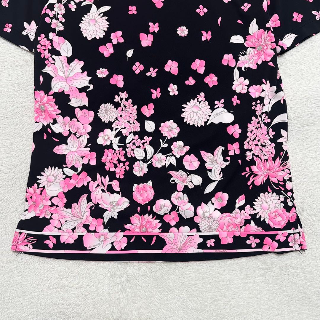美品 LEONARD トリム 花柄 プリント 半袖 Tシャツ 38 ブラック