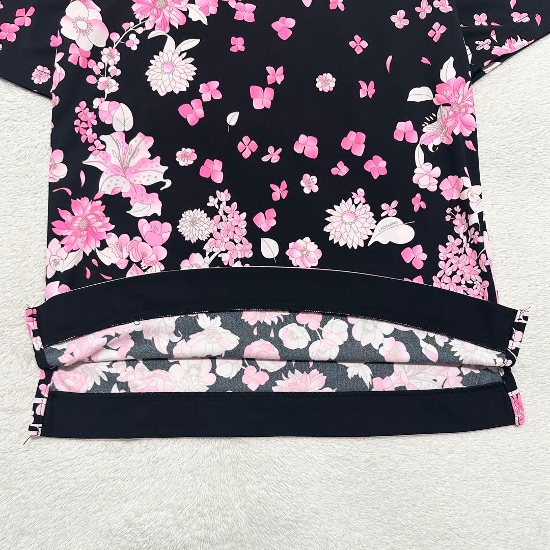 美品 LEONARD トリム 花柄 プリント 半袖 Tシャツ 38 ブラック