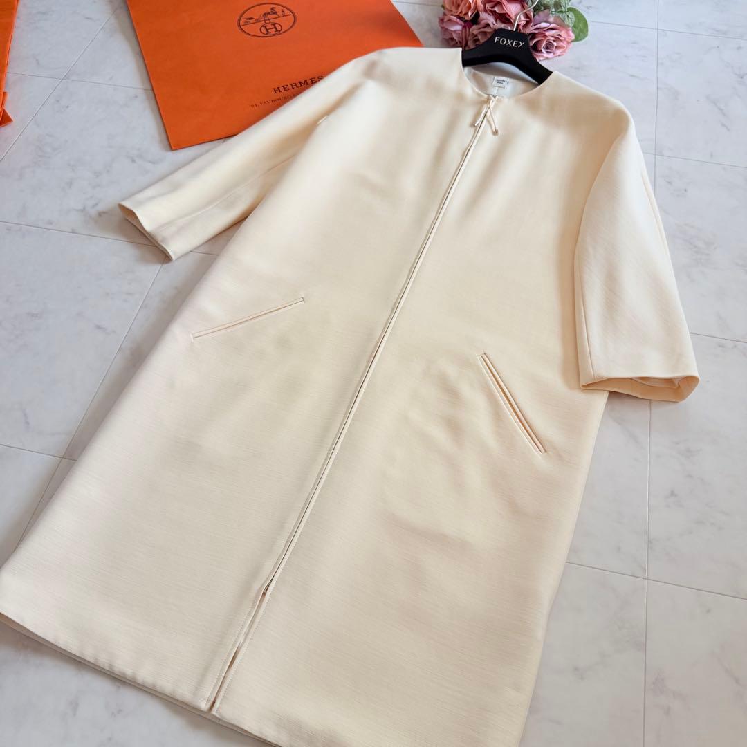 美品★HERMES エルメス 高級シルクウール ノーカラー スプリングコート